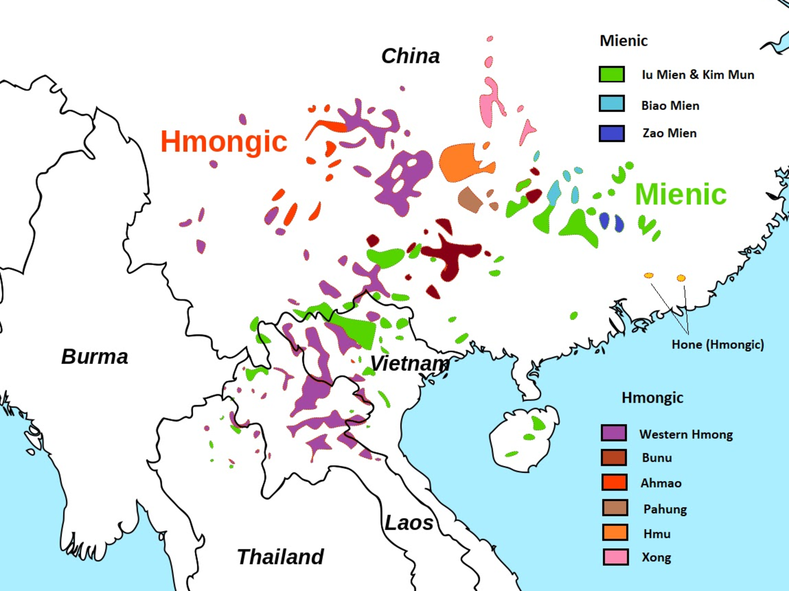 Map of modern Hmong-Mien language speakers